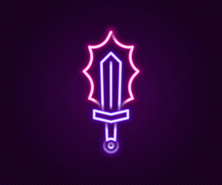 Glowing neon line Magic sword in fire icon isolated on black background. Fiery sword. Magic weapon of knight, sorcerer, magician. Fire spell. Burning blade. Colorful outline concept. Vectorのイラスト素材
