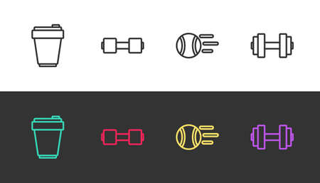 Set line Fitness shaker, Dumbbell, Tennis ball and on black and white. Vectorのイラスト素材