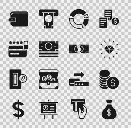 Set Money bag, Coin money with dollar, Diamond, Pie chart infographic, Stacks paper cash, Credit card lock, Wallet and Tearing banknote icon. Vectorのイラスト素材