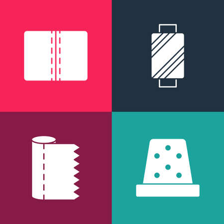 Set pop art Thimble for sewing, Textile fabric roll, Sewing thread on spool and icon. Vectorのイラスト素材