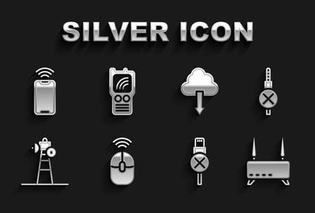 Set Wireless computer mouse, No audio jack, Router and wifi signal, usb cable cord, Satellite dish, Cloud download, Mobile with wireless and Walkie talkie icon. Vectorのイラスト素材