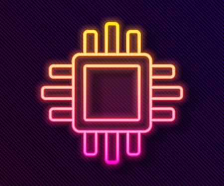 Glowing neon line Computer processor with microcircuits CPU icon isolated on black background. Chip or cpu with circuit board. Micro processor. Vectorのイラスト素材