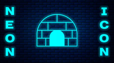Glowing neon Igloo ice house icon isolated on brick wall background. Snow home, Eskimo dome-shaped hut winter shelter, made of blocks. Vectorのイラスト素材