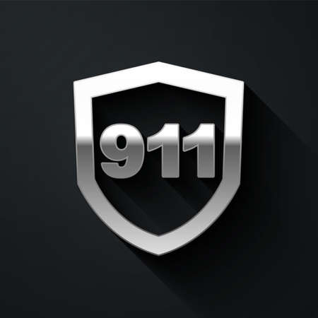 Silver Telephone with emergency call 911 icon isolated on black background. Police, ambulance, fire department, call, phone. Long shadow style. Vectorのイラスト素材