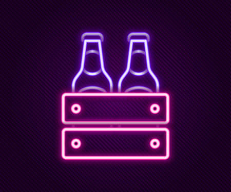 Glowing neon line Pack of beer bottles icon isolated on black background. Wooden box and beer bottles. Case crate beer box sign. Colorful outline concept. Vectorのイラスト素材