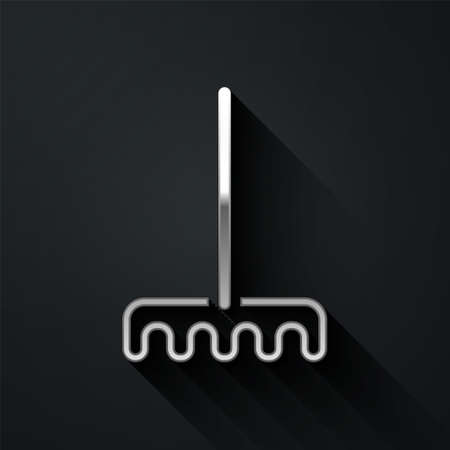 Silver Garden rake icon isolated on black background. Tool for horticulture, agriculture, farming. Ground cultivator. Housekeeping equipment. Long shadow style. Vectorのイラスト素材