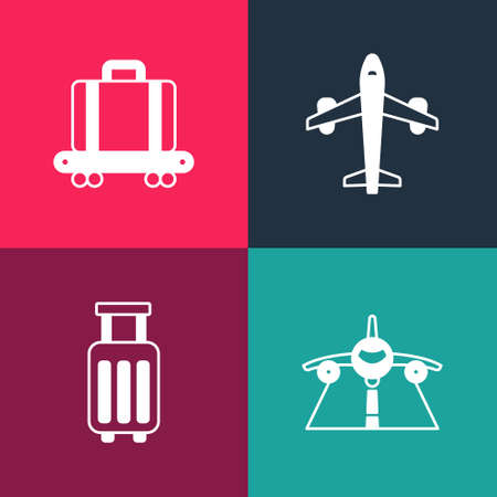Set pop art Plane, Suitcase, and Conveyor belt with suitcase icon. Vectorのイラスト素材