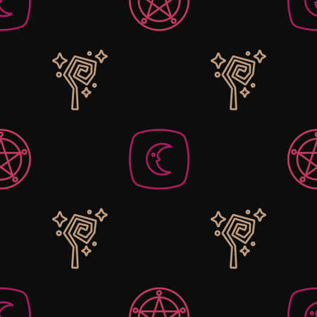 Set line Pentagram in a circle, Magic staff and Moon and stars on seamless pattern. Vectorのイラスト素材