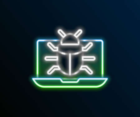 Glowing neon line System bug on monitor icon isolated on black background. Code bug concept. Bug in the system. Bug searching. Colorful outline concept. Vectorのイラスト素材