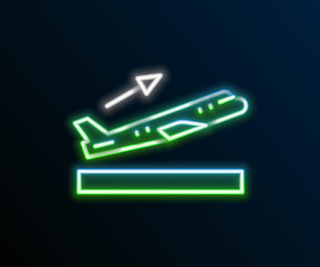 Glowing neon line Plane takeoff icon isolated on black background. Airplane transport symbol. Colorful outline concept. Vectorのイラスト素材
