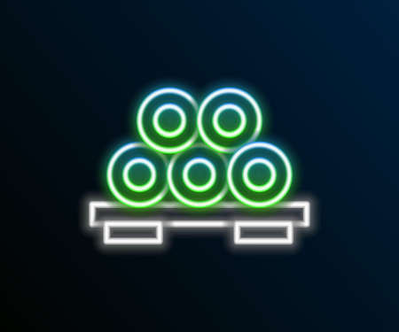 Glowing neon line Sushi on cutting board icon isolated on black background. Asian food sushi on wooden board. Colorful outline concept. Vectorのイラスト素材