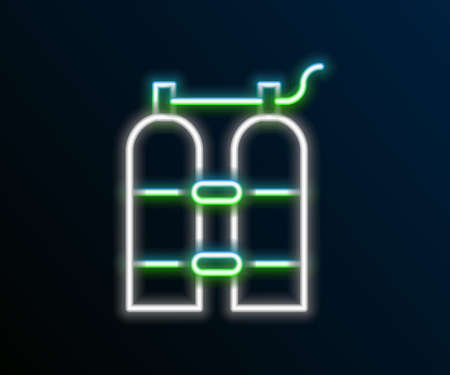 Glowing neon line Aqualung icon isolated on black background. Oxygen tank for diver. Diving equipment. Extreme sport. Diving underwater equipment. Colorful outline concept. Vectorのイラスト素材