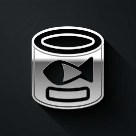 Silver Canned fish icon isolated on black background. Long shadow style. Vectorのイラスト素材