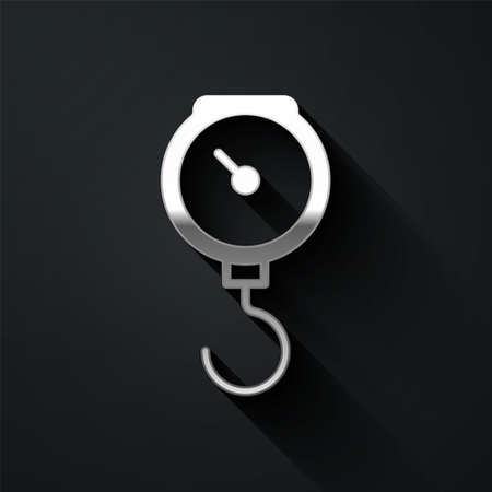 Silver Hand scale spring mechanical icon isolated on black background. Long shadow style. Vectorのイラスト素材