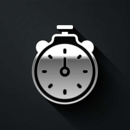 Silver Stopwatch icon isolated on black background. Time timer sign. Chronometer sign. Long shadow style. Vectorのイラスト素材