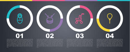 Set line Tumbler doll toy, Drum with drum sticks, Baby stroller and Balloons ribbon. Business infographic template. Vectorのイラスト素材