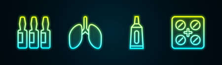 Set line Medical vial, ampoule, Lungs, Ointment cream tube medicine and Pills blister pack. Glowing neon icon. Vectorのイラスト素材