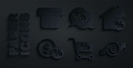 Set Shopping cart, House with percant discount, Money coin percent, Financial growth and euro, Discount tag and Credit card icon. Vectorのイラスト素材