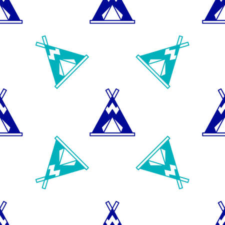 Blue Traditional indian teepee or wigwam icon isolated seamless pattern on white background. Indian tent. Vectorのイラスト素材