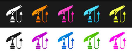 Set Fishing harpoon icon isolated on black and white background. Fishery manufacturers for catching fish under water. Diving underwater equipment. Vectorのイラスト素材