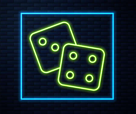 Glowing neon line Game dice icon isolated on brick wall background. Casino gambling. Vectorのイラスト素材