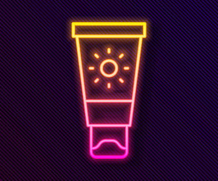Glowing neon line Sunscreen cream in tube icon isolated on black background. Protection for the skin from solar ultraviolet light. Vectorのイラスト素材