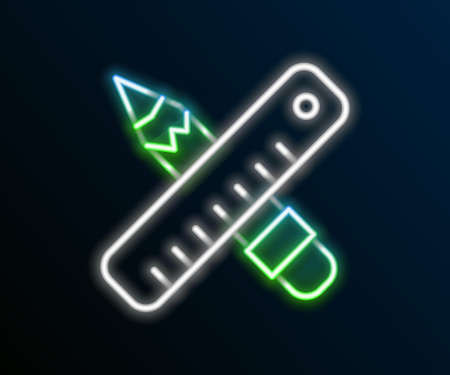 Glowing neon line Crossed ruler and pencil icon isolated on black background. Straightedge symbol. Drawing and educational tools. Colorful outline concept. Vectorのイラスト素材
