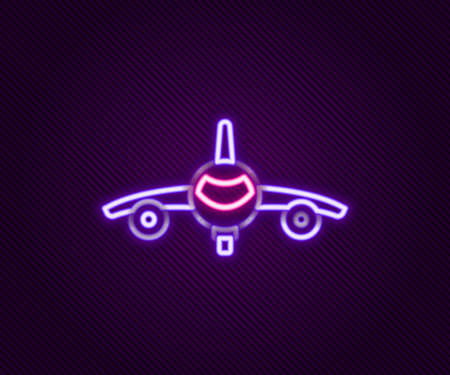 Glowing neon line Plane icon isolated on black background. Flying airplane icon. Airliner sign. Colorful outline concept. Vectorのイラスト素材