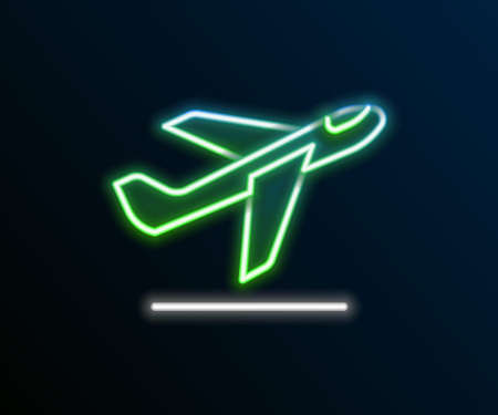 Glowing neon line Plane takeoff icon isolated on black background. Airplane transport symbol. Colorful outline concept. Vectorのイラスト素材