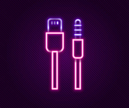 Glowing neon line USB cable cord icon isolated on black background. Connectors and sockets for PC and mobile devices. Colorful outline concept. Vectorのイラスト素材