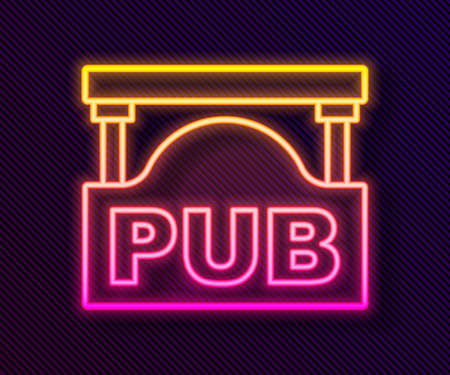 Glowing neon line Street signboard with inscription Pub icon isolated on black background. Suitable for advertisements bar, cafe, restaurant. Vectorのイラスト素材
