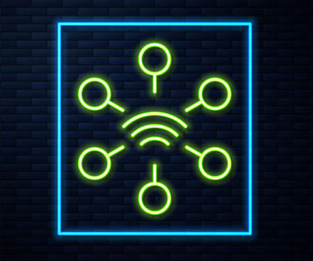 Glowing neon line Network icon isolated on brick wall background. Global network connection. Global technology or social network. Connecting dots and lines. Vectorのイラスト素材
