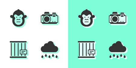Set Cloud with rain, Monkey, Animal cage and Photo camera icon. Vector