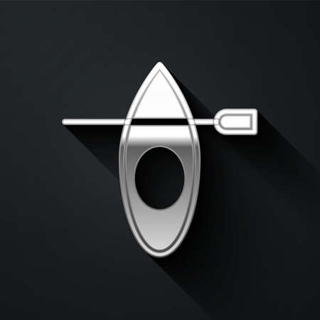 Silver Kayak and paddle icon isolated on black background. Kayak and canoe for fishing and tourism. Outdoor activities. Long shadow style. Vectorのイラスト素材