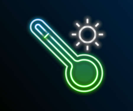 Glowing neon line Meteorology thermometer measuring heat and cold icon isolated on black background. Thermometer equipment showing hot or cold weather. Colorful outline concept. Vectorのイラスト素材