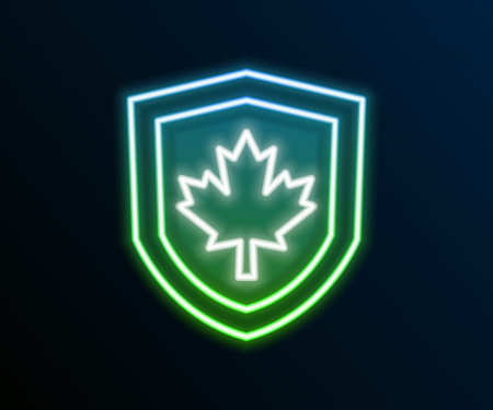 Glowing neon line Canada flag on shield icon isolated on black background. Colorful outline concept. Vectorのイラスト素材