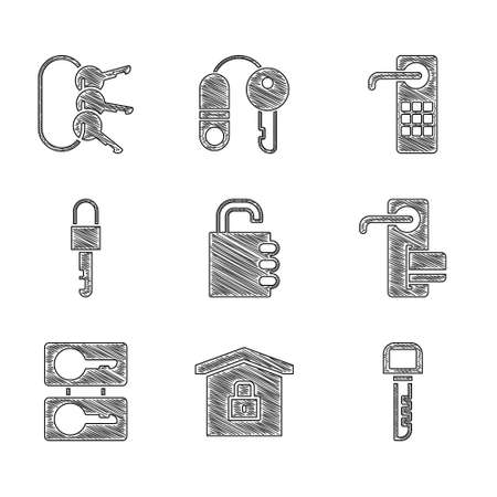 Set Safe combination lock, House under protection, Key, Digital door, Casting keys, Locked, and Bunch of icon. Vectorのイラスト素材