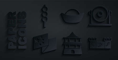 Set Chinese house, Gong, China flag, Great wall of, Sushi and Meatballs wooden stick icon. Vectorのイラスト素材