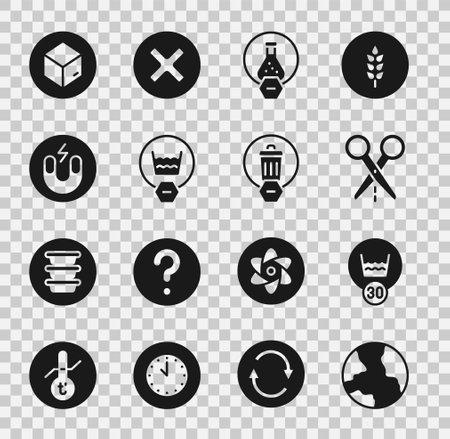 Set Worldwide, Temperature wash, Scissors with cut line, Test tube and flask, Delicate, Magnet, Carton cardboard box and Trash can icon. Vectorのイラスト素材