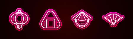 Set line Chinese paper lantern, Sushi, conical straw hat and or japanese folding fan. Glowing neon icon. Vectorのイラスト素材