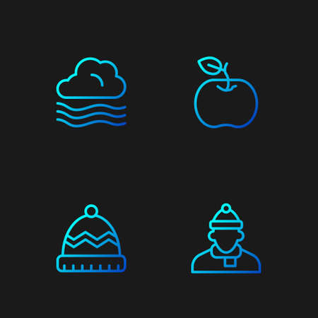 Set line Autumn clothes, Winter hat, Windy weather and Apple. Gradient color icons. Vectorのイラスト素材