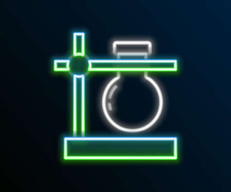 Glowing neon line Glass test tube flask on stand icon isolated on black background. Laboratory equipment. Colorful outline concept. Vectorのイラスト素材