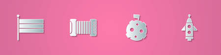 Set paper cut National Russia flag, Accordion, Moon with and Rocket ship icon. Paper art style....