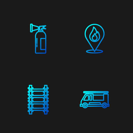 Set line Fire truck, escape, extinguisher and Location with fire flame. Gradient color icons. Vectorのイラスト素材