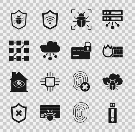 Set USB flash drive, System bug on cloud, Firewall, security wall, Internet of things, Graphic password protection, and Credit card with lock icon. Vectorのイラスト素材