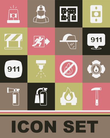 Set Firefighter axe, Emergency call 911, Evacuation plan, exit, Road barrier, Flasher siren and helmet icon. Vectorのイラスト素材