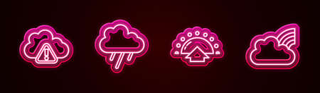 Set line Storm warning, Cloud with rain, Sunrise and Rainbow clouds. Glowing neon icon. Vectorのイラスト素材