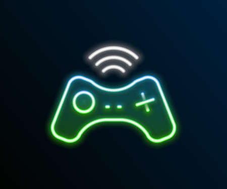 Glowing neon line Wireless gamepad icon isolated on black background. Game controller. Colorful...