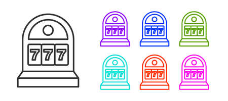 Black line Slot machine with lucky sevens jackpot icon isolated on white background. Set icons colorful. Vectorのイラスト素材