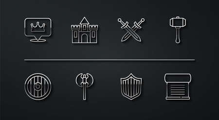 Set line Location king crown, Round wooden shield, Hammer, Shield, Medieval axe, Castle, fortress, Decree, parchment, scroll and Crossed medieval sword icon. Vectorのイラスト素材